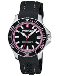 Wenger Sea Force Watch, Black & Pink Dial & Pink Bezel Black Silicone Strap 621.103
