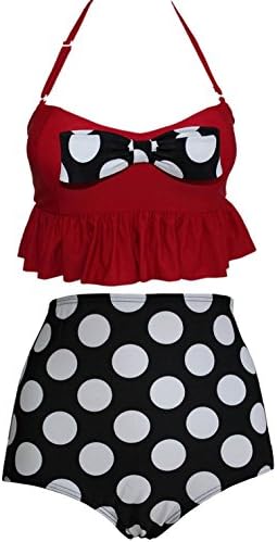 Retro High Waist Bikini Hot Red + Polka Dot Vintage Swimwear(FBA)