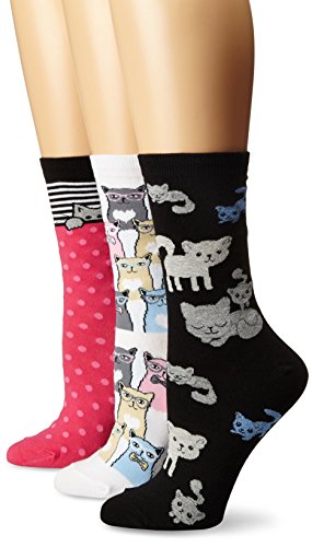 K. Bell Women's 3 Pack Novelty Crew Socks, Smarty Cats, 9-11