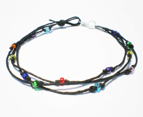 Black Hemp Three String Multicolor Glass Beaded Anklet – Handmade image