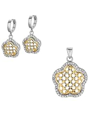 BRI Jewelry Sterling Silver Diamond Cut Mesh Yellow Flower Shape With Clear Cubic Zirconia Set - Pendant - Dangle Earring