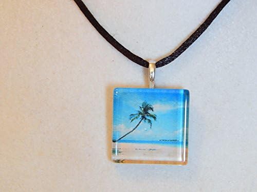 Blue Sky, Beach and Palm Tree - Glass Tile Necklace