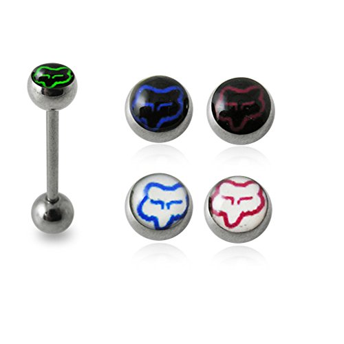 One Full Set Logo Tongue Bar with FREE!!! 4 Pices Interchange Fox Logo Ball Tongue Piercing jewelry