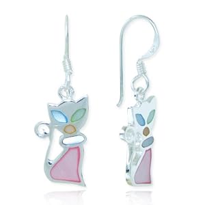 Sterling Silver Multi-Colored Mother of Pearl Shell Cat Dangle Earrings