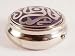 Celtic design round metal pill box with lilac enamel