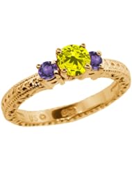 0.75 Ct Round Canary Diamond Purple Amethyst 18K Yellow Gold 3-Stone Ring