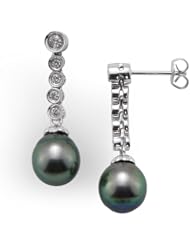 Tahitian Black Pearl Earrings with Diamonds in 14K White Gold (9-10mm)