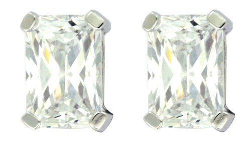 Platinum Plated Sterling Silver 6 x 4mm Emerald Cubic Zirconia Four-Prong Stud Earrings