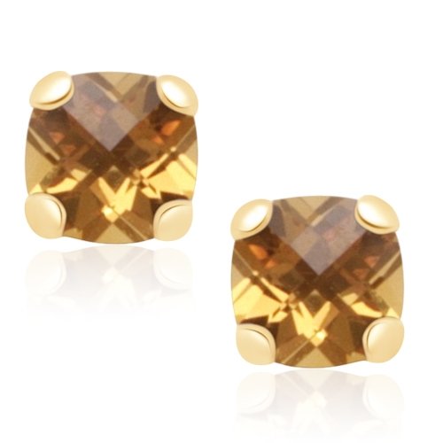 10k Yellow Gold Checker Board Cushion Cut Citrine Stud Earrings