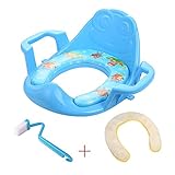 ベビー便座 カバー かわいい カエル おまる便座 BABY 補助便座　抗菌 吸着 暖かく　柔らか　クッション　U型 補助べんざシート 取っ手付き補助便座　ブラシ付き (青)