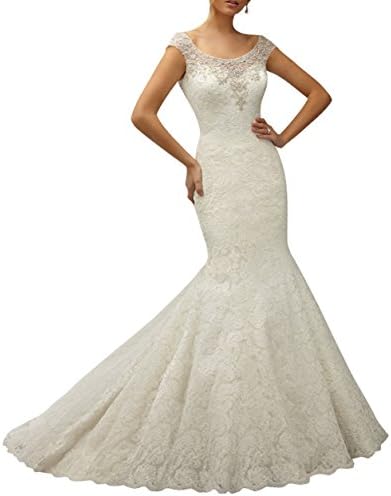 LISTEN TO ME Women's New Cap Sleeve Beaded Lace Mermaid Wedding Dress