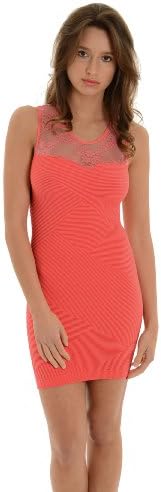 Coral Mini Dress Junior's Ribbed Body Con Dress with Sheer Lace Shoulder Straps Sizes: Medium-Large