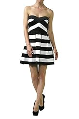 Strapless Sweetheart Striped Print Polyester/Spandex Flared-Skirt Pleated Bandage Dress/Skater Dress/Party Dress/Mini Dress 