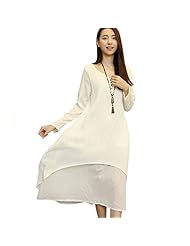 Round Neck Long Sleeves Cotton/Linen Party Dress/Midi Dress 