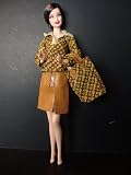A Sophisticated 3 Pc Set Brown Shirt Tan Leather-like Skirt and Matching Handbag Made to Fit the Barbie Doll