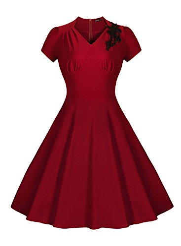 Miusol Women's Vintage V-Neck Cap Sleeve Evening Party Swing Dress