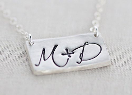 Couples Initials Necklace - Hand Stamped Script Bar with Plus Sign - Sterling Silver Chain