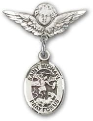 Sterling Silver Baby Badge with St. Michael the Archangel Charm and Angel with Wings Badge Pin