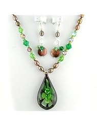 Murano Green Glass Flower Pendant Freshwater Pearl Sterling Silver Necklace Earrings