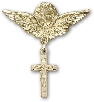 14kt Gold Baby Badge with Crucifix Charm and Angel w/Wings Badge Pin