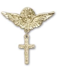 Gold Filled Baby Badge with Crucifix Charm and Angel w/Wings Badge Pin