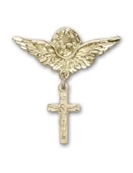 14K Gold Baby Badge with Crucifix Charm and Angel with Wings Badge Pin