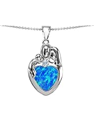 Original Star K (tm) Large Loving Mother Father With Child Family Pendant With 12mm Heart Created Blue Opal in 925 Sterling Silver