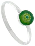 Tiny Sterling Silver 1/4 (6 mm) Round Bright Green Resin Ring with Yellow Flower Design