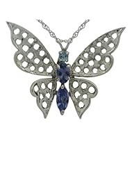 0.49 carat Tanzanite Aquamarine Birthstone Butterfly Pendant Necklace Set .925 Sterling Silver, 10k or 14k White Gold