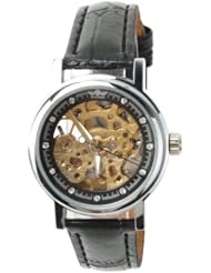 Yesurprise Luxury Fashion Women Lady See Through Hollow Black Leather Band Golden Face Mechanical Watch Trendy 2013 Gift #1
