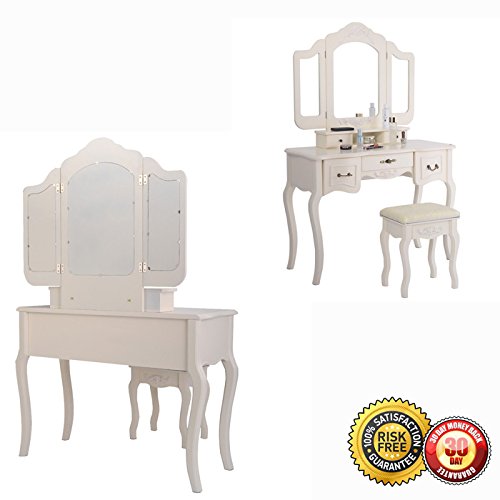 New Tri Folding Vintage White Vanity Makeup Dressing Table Set 5