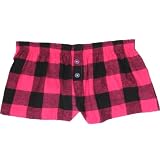Fuschia Pink Black Check Novelty Print Flannel Boxers Girls Mini Itty Bitty Shorts 1 Inseam, Covered elastic waist, 100% cotton,