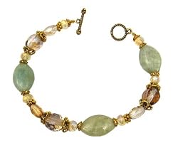 Bracelet - B50 - Handmade Genuine Tri Color Jade Gemstone and Fire-Polished Beads - Oval Semi Precious Stone and Gold Tone Metal Beads ~ Toggle Closure
