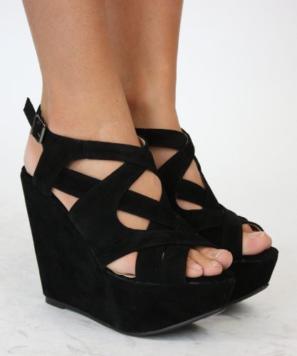 Womens Black Suede Wedges Ladies Strappy Platform Shoes with shoeFashionista Boutique Bag