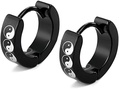 Janestore Tai Chi Bagua Pattern Men's Black Stainless Steel Huggie Hoop Earrings