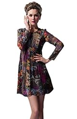 Silk Floral Print Short Gathered Pleated Vintage Round Neck  Dress
