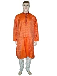 Designer Mens Clothing Zesty Orange Long Sleeve Embroidered Kurta Pajama Xxxl Chest 52"