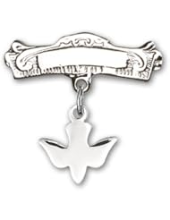 Sterling Silver Baby Badge with Holy Spirit Charm and Arched Polished Badge Pin