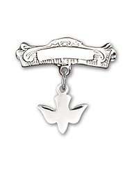 Sterling Silver Baby Badge with Holy Spirit Charm and Arched Polished Badge Pin