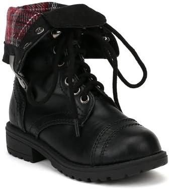 Happy Soda Oralee-2S Leatherette Lace Flannel Fold Cuff Military Boot (Toddler/ Little Girl/ Big Girl) - Black (Size: Big Kid 4)