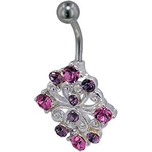 Pugster 316l Surgical Steel Belly Navel Ring Pink Purple Filigree Vintage Antique Flower Birthstones Belly Navel Ring Body Jewelry