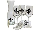 IMAGE OF ArtisanStreet's Fleur de Lis Wine Glass & Carafe 5-piece Set. Hand Painted. Made to Order. Signed
