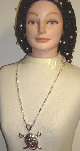 Click here to buy Hand Crocheted Black Metallic Gimp Large Snood Trimmed with Cultured Ivory Pearls for Women Offered....