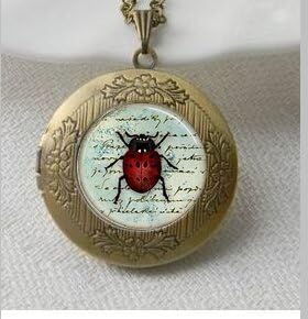 Ladybug Pendant, Insect Vintage Pendant Locket Necklace, Silver Plated pendant,Red and Black Lady Bug Jewelry,Vintage Pendant Locket Necklace
