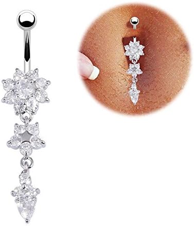 PrimaryKeyUS Chraming Practical1pc Eye-Catching Charming Crystal Flower Dangle Navel Belly Button Ring Silver Delicated