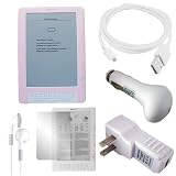 Amazon Kindle DX (PINK) Protective Electronic Book Reader Silicone Skin Gel Case Cover /w Screen Guard / Protector, USB 2in1 Sync and Charging Cable, USB Car Charger, USB Wall / Travel Charger, and Listening Earphones / Headphones