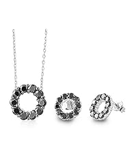 Sterling Silver Circle Pendant Black CZ Necklace with Earrings Set