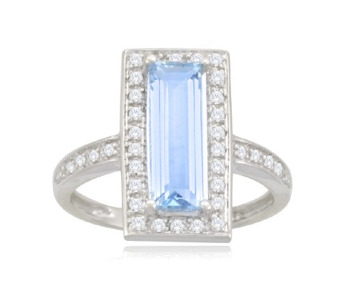 10k White Gold Elongated Baguette Blue Topaz Diamond Ring (1/11 cttw, I-J Color, I2-3 Clarity), Size 6