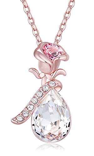 Fappac 18k Rose Gold Plated White Teardrop Crystals from Swarovski Flower Pendant Necklace, 15.5+2" Ext