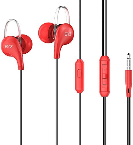 BoYaZ Earphones Earhook Premium Stereo Earbuds Noise Isolating Bass In-ear Headphones with Mic &amp; Remote Control Sports Running Gym Hiking Jogger Exercise for All Smartphone Ipod Tablet (11-Red)
